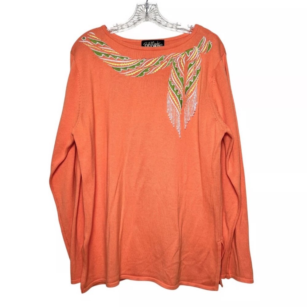 Bob Mackie wearable art embroidered and beaded orange tunic length sweater